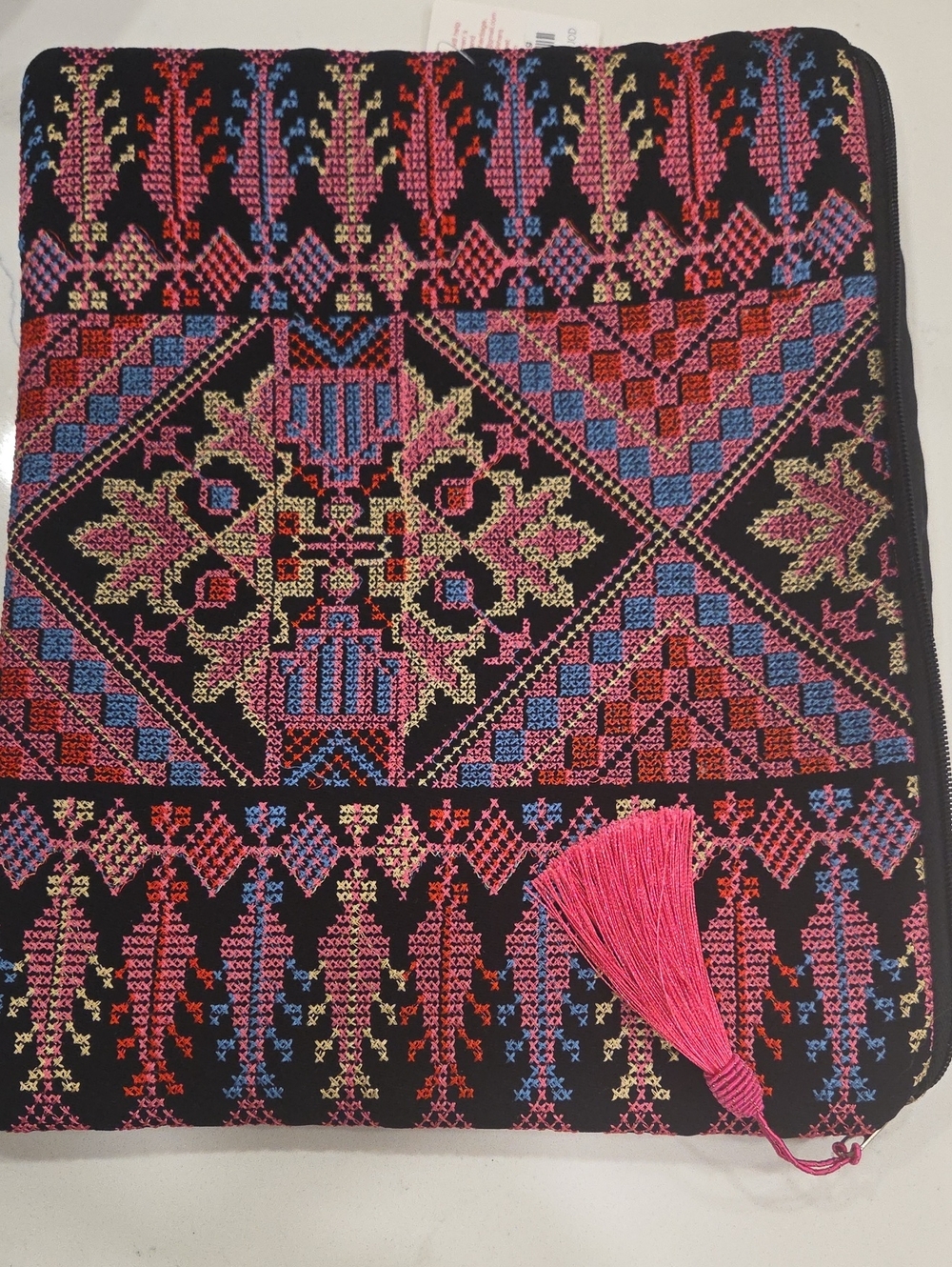 Embroidered Black Multi-Color Zip Pouch with Pink Tassel (Laptop Bag)